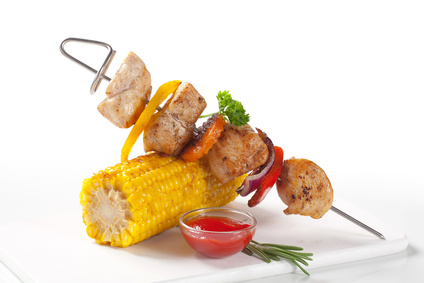 Chicken shish kebab and roasted corn